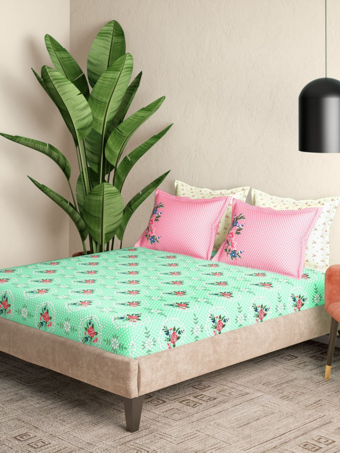 Portico Bloomique Green Printed Cotton 144 TC Super King Bedsheet Set 2.74 m x 2.74 m