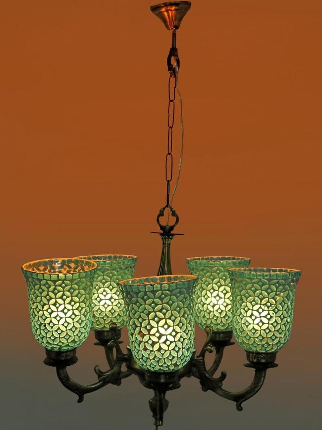 Somil Antique 5-Light Chandelier with Mosaic Glass Shades, Firozi and White Lighting Effect, Metal Fitting. LED Compatible. Dia: 48 X 48 X 100 Cm.
