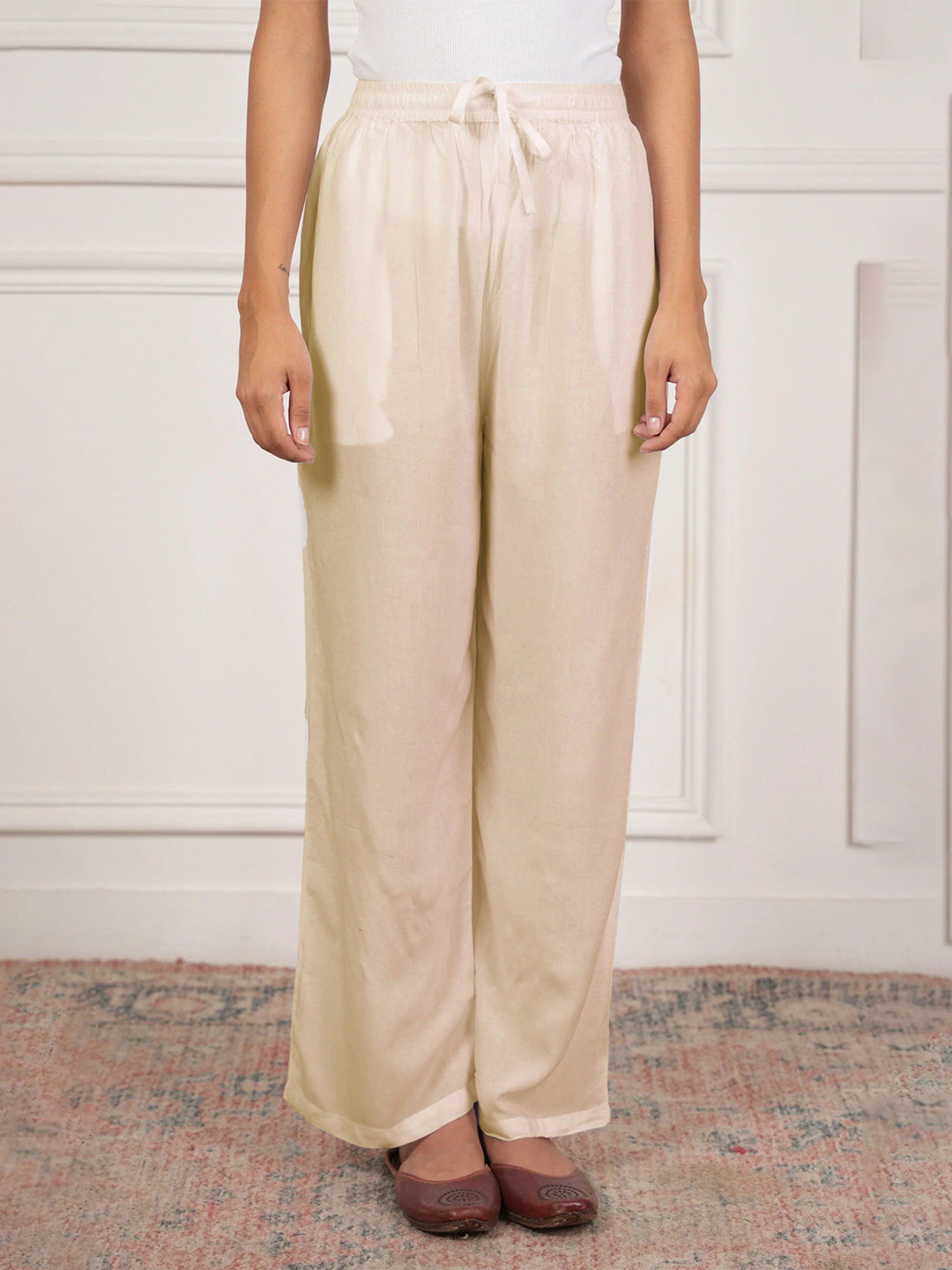 HOUSE OF KARI Women Beige Rayon Cotton Pants