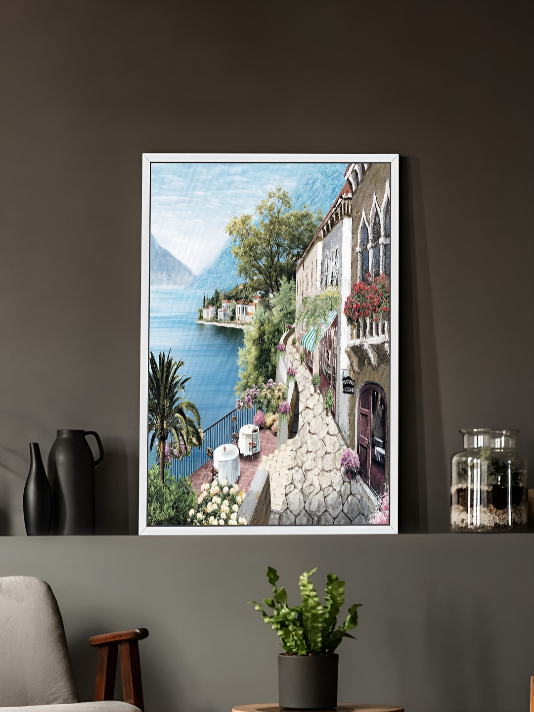 Myntra Elegant Homes White & Blue Art Street Canvas Wall Art