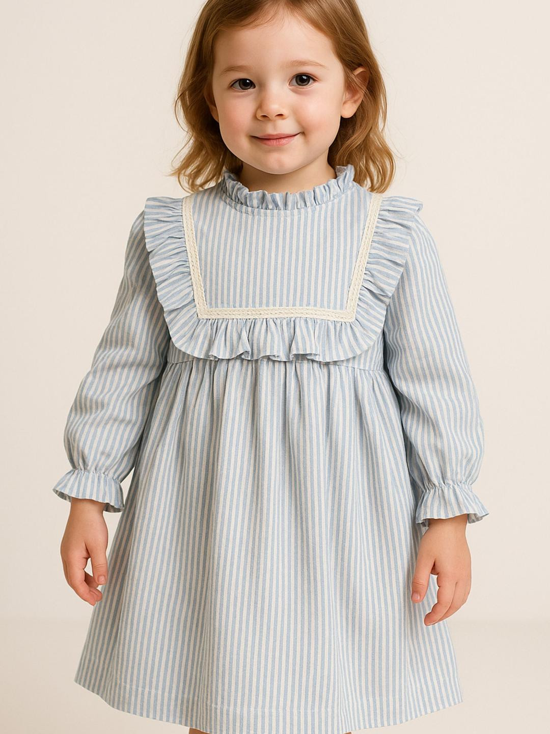 KICO Striped Puff Sleeve Ruffle A-Line Dress