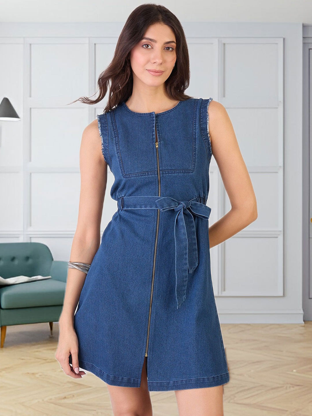all about you Women Round Neck Sheath Denim Front Zipper Dresss