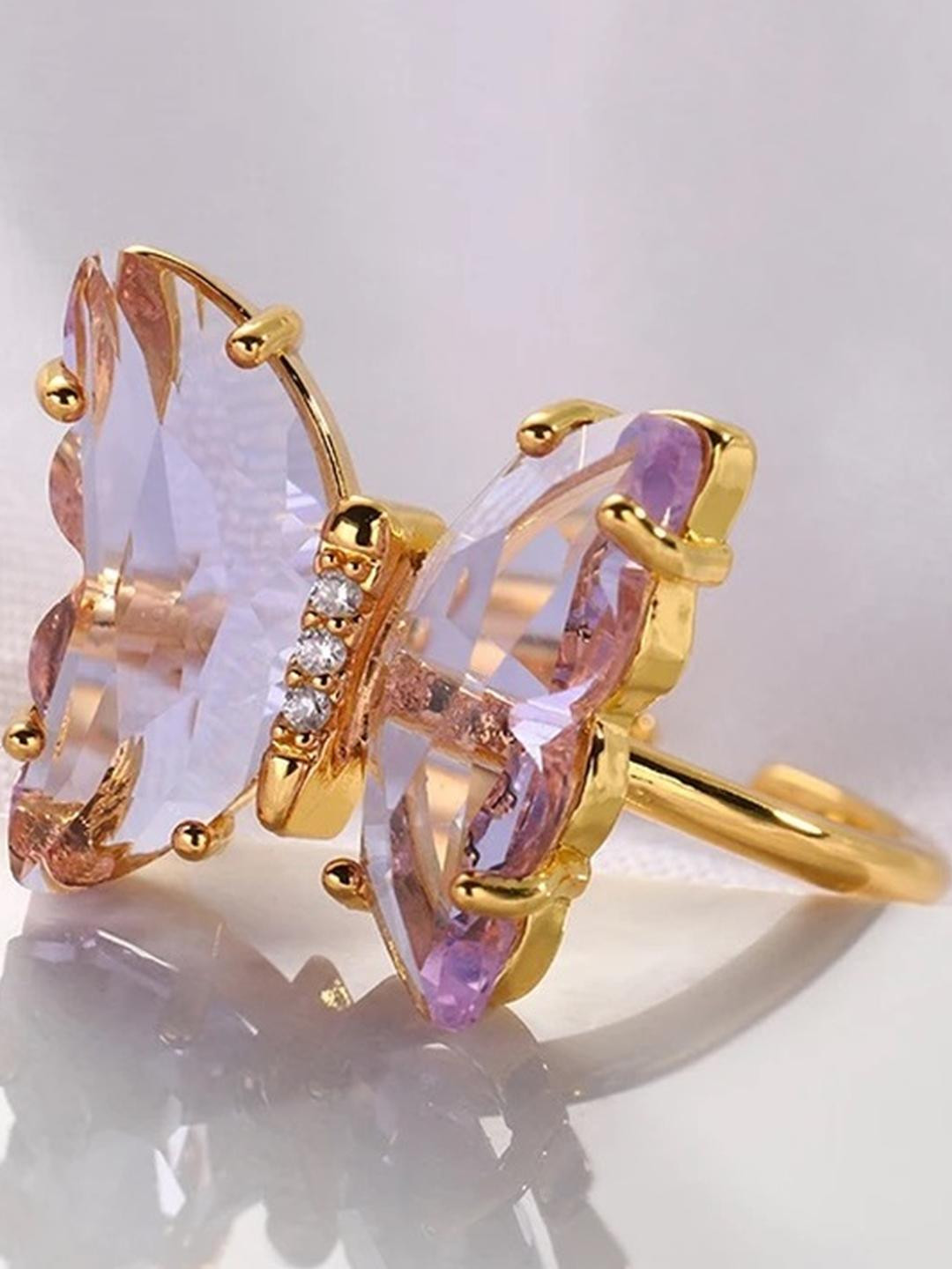 DressBerry Charming Gold Plated Purple Crystal Butterfly Ring for Women and Girls