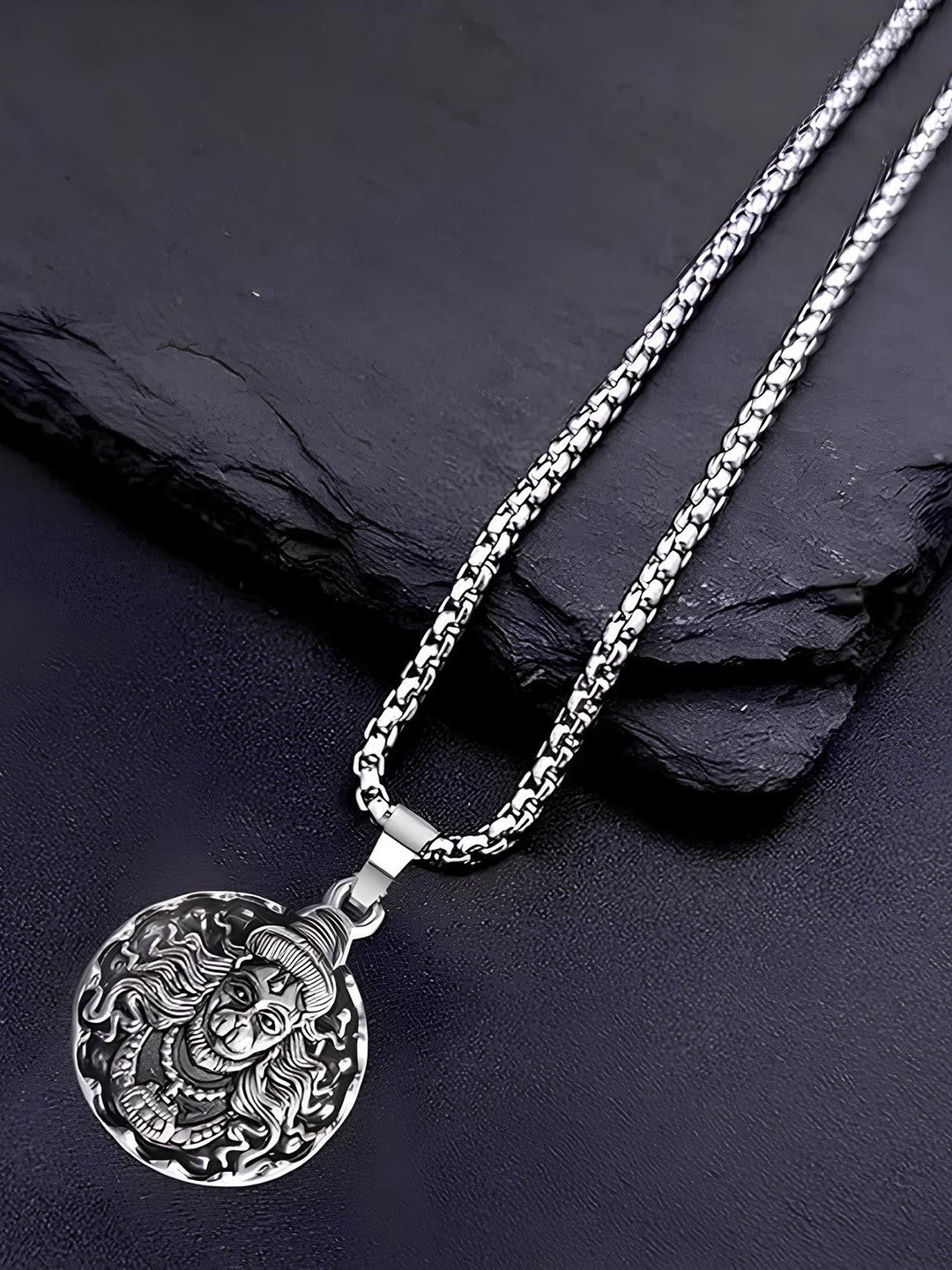 RV Jewels Unisex Stainless Steel Silver-Plated Hanuman ji Circular Shaped Pendant
