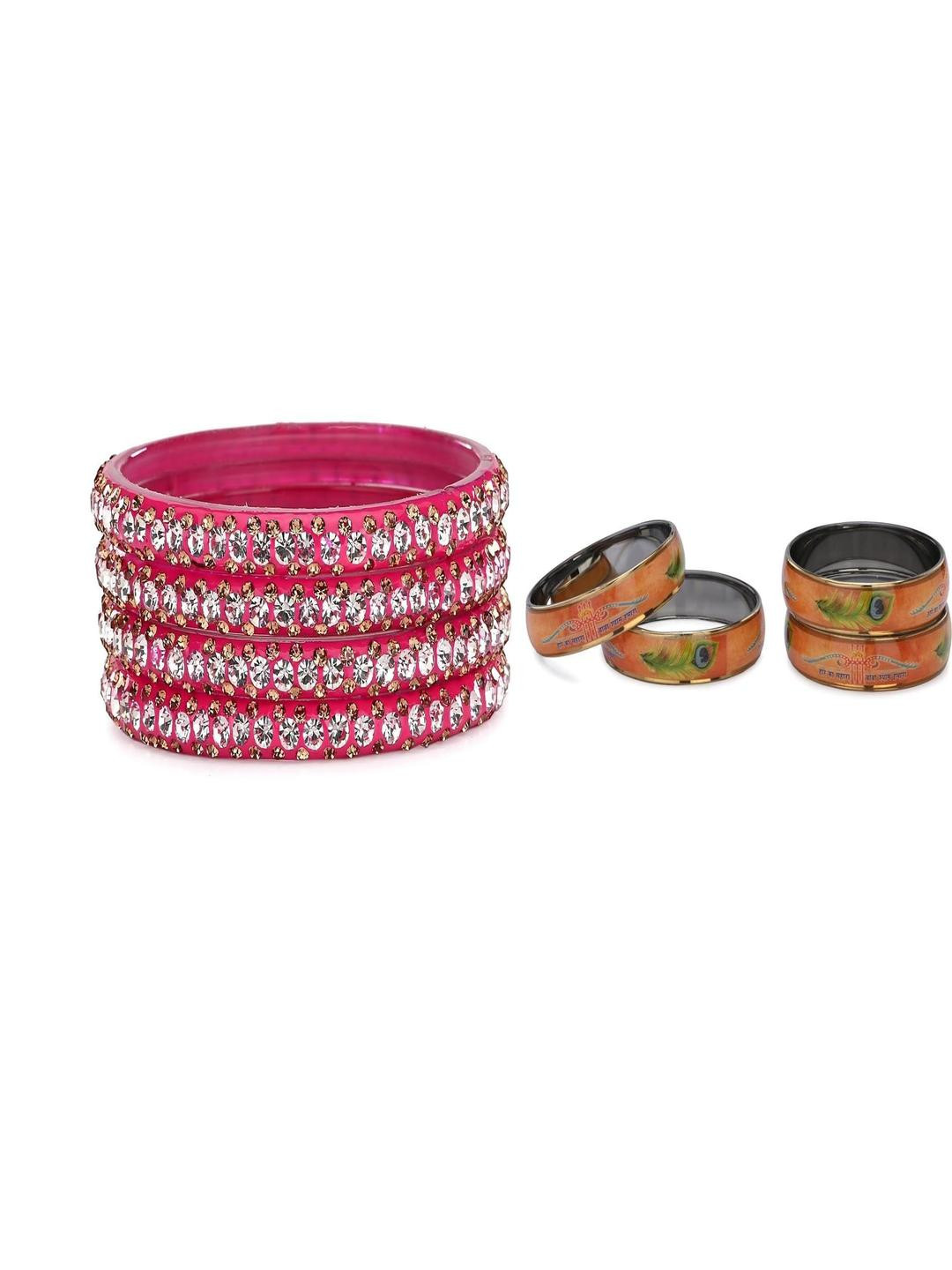 SOMIL Set Of 8 Pink And Orange Glass Artificial Stones and Beads Bangles