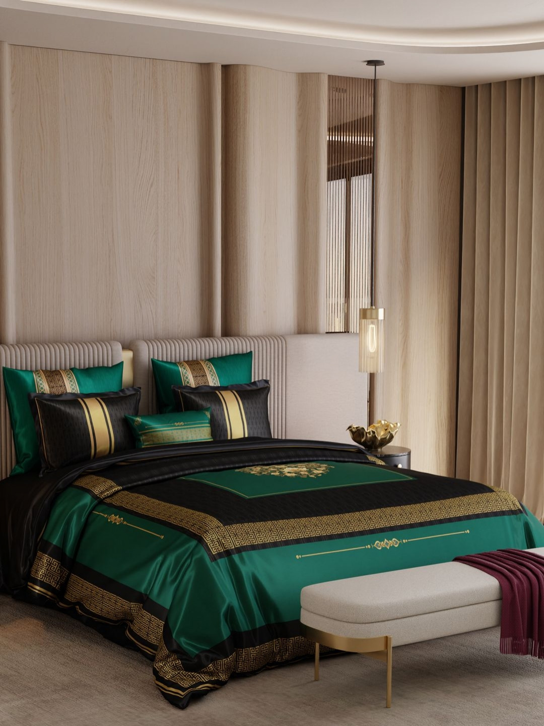Stoa Paris Green & Gold-Toned Ethnic Motifs Other 7 Piece Double Extra Large Superfine Bedding Set