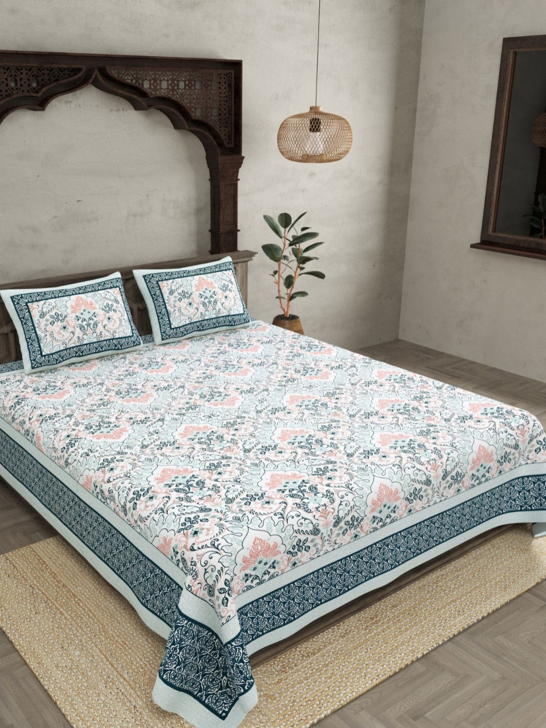 BED-SHEET.COM Blue & White Floral 180 TC King Bedsheet with 2 Pillow Covers