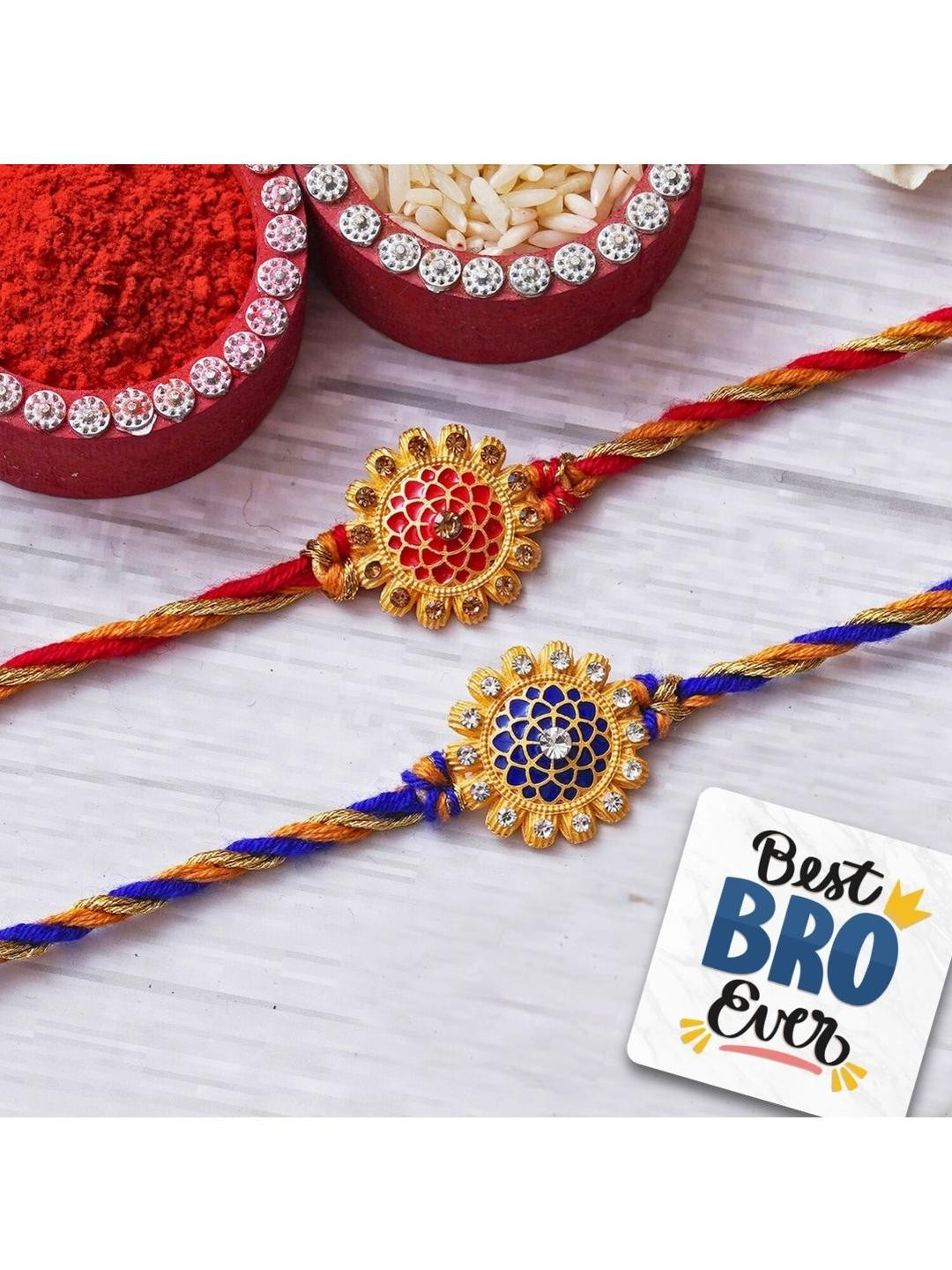 eCraftIndia 2-Pcs Stones-Studded Rakhis Roli Chawal & Magnet