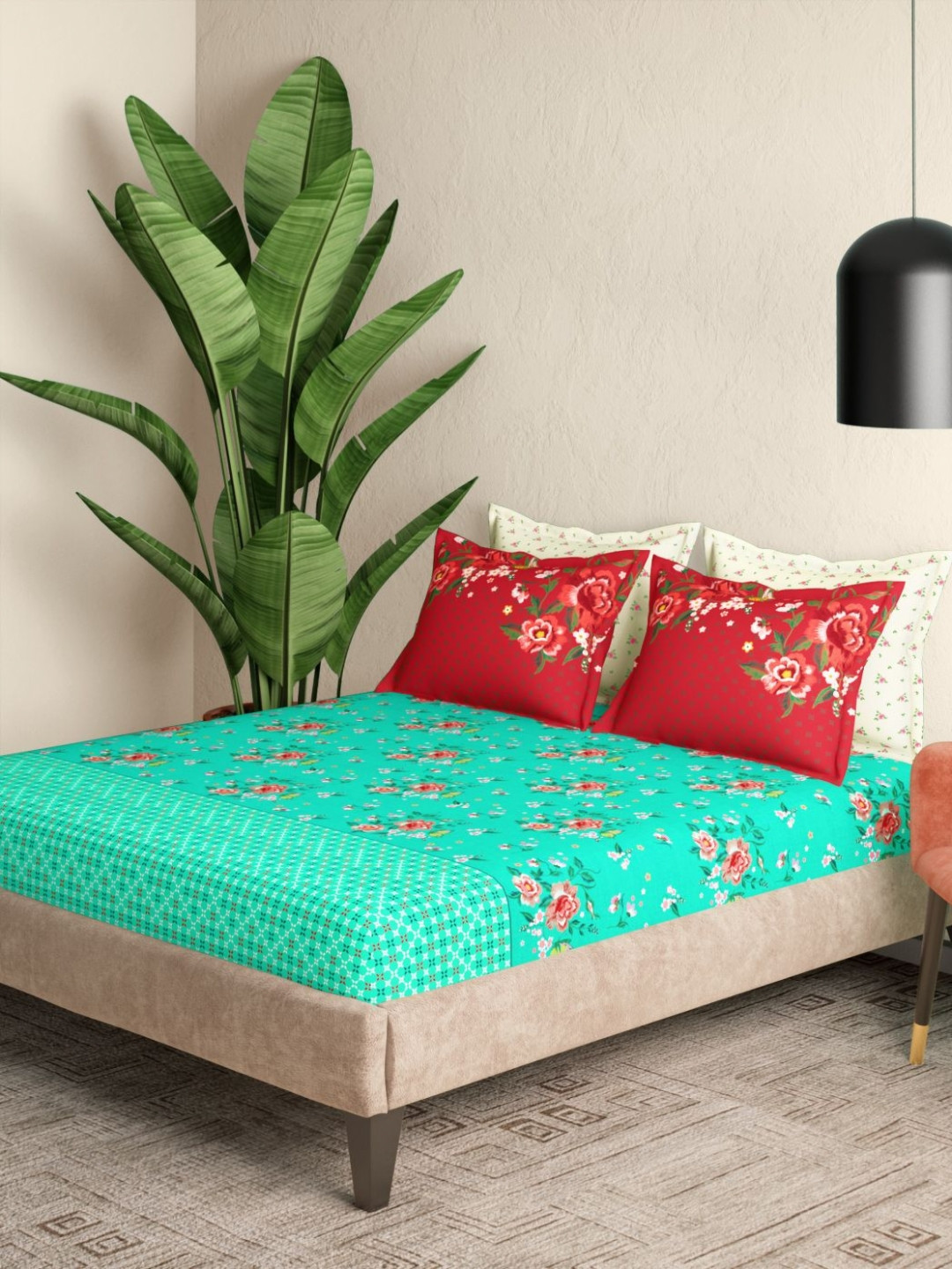 Portico Bloomique Turquoise Blue Floral Printed Cotton 144 TC Bedsheet Set 2.74m x 2.74m