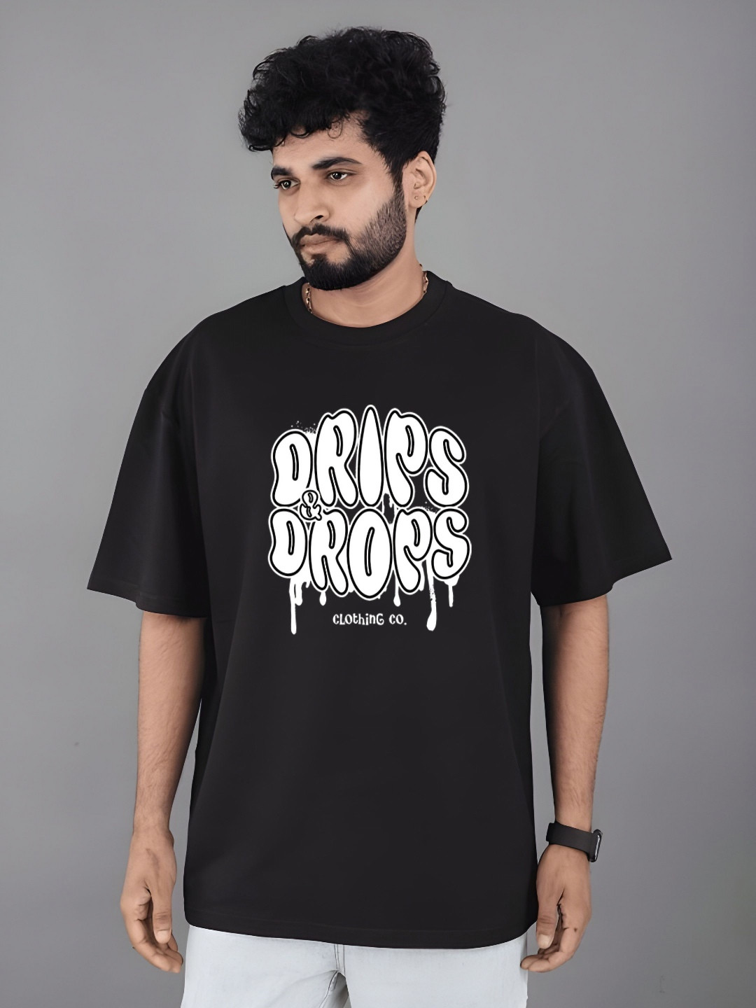 Drips & Drops Typography Printed Oversized Cotton T-shirt