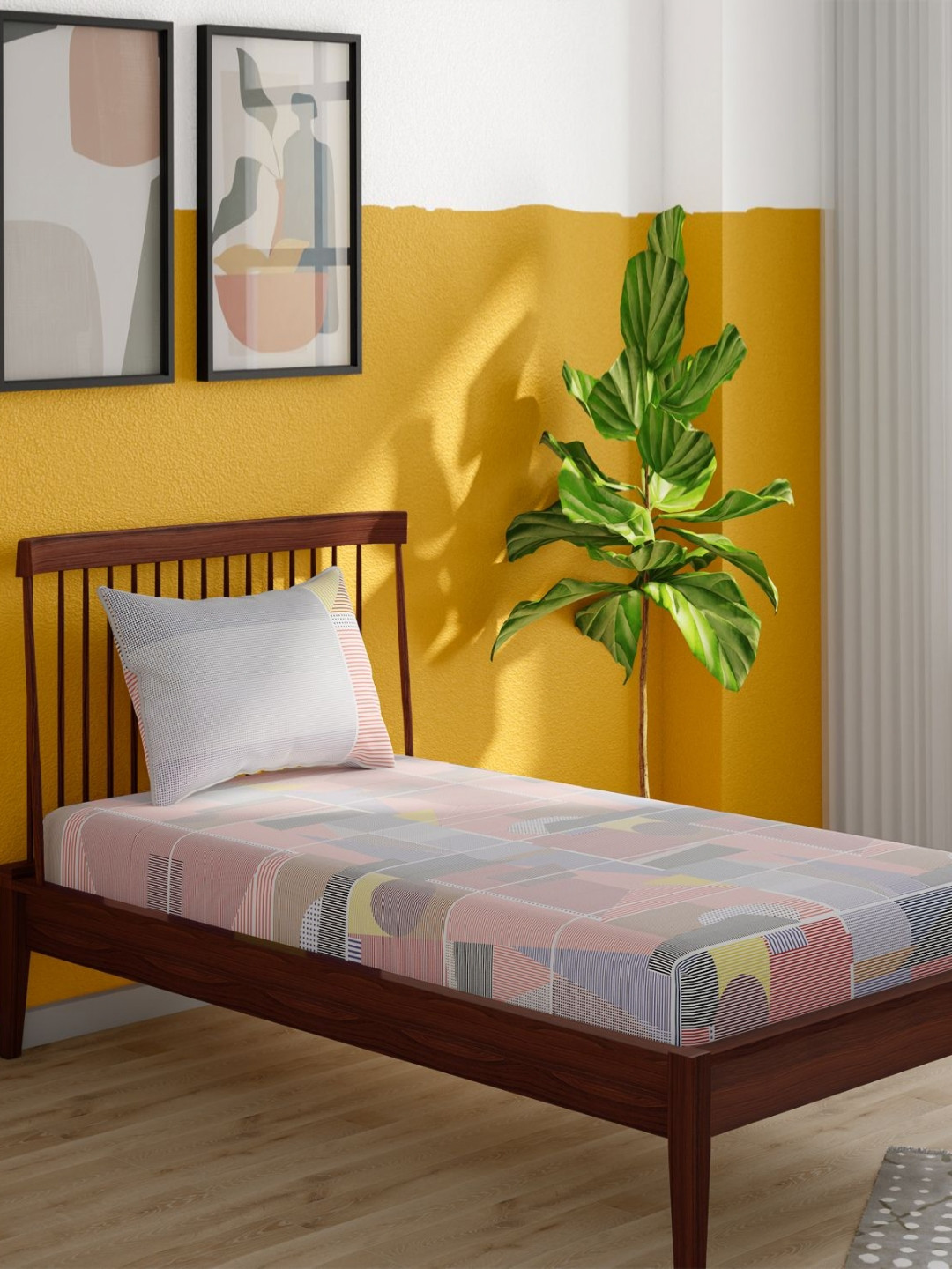 Portico Pixelpop White Abstract Printed Cotton 152 TC Single Bedsheet Set 1.50m x 2.24m