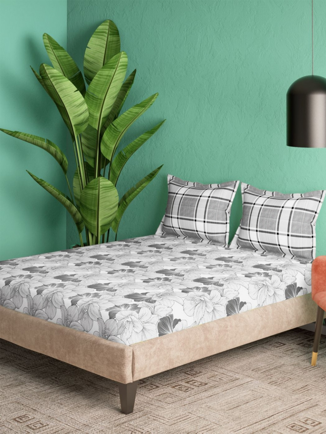 Portico Noir Harmony White Floral Cotton 144 TC Double Queen Bedsheet Set-2.24mX2.54m