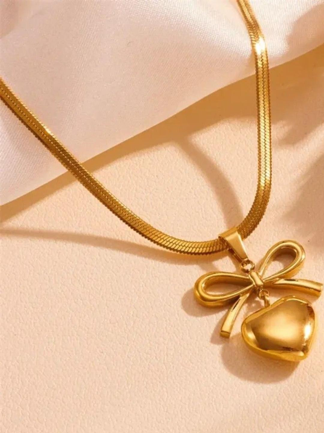 Brijsun Gold-Plated Heart Pendant with Bow Design & Sleek Chain