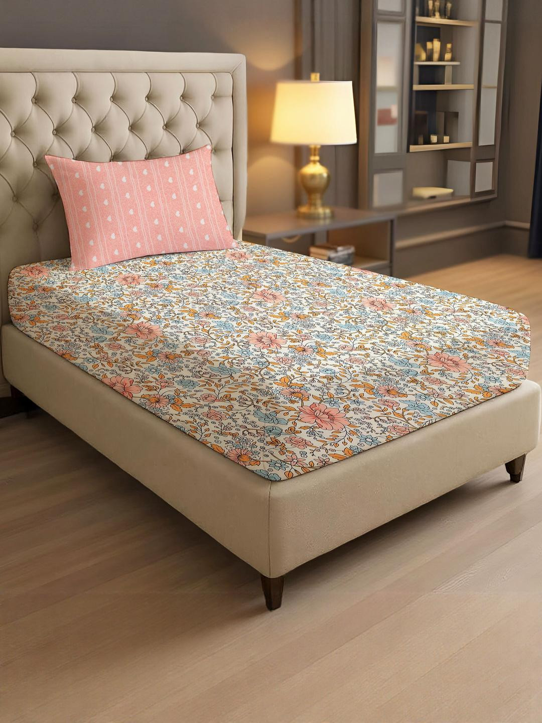 IVAZA White & Pink Floral 1000 TC Single Bedsheet with 1 Pillow Cover