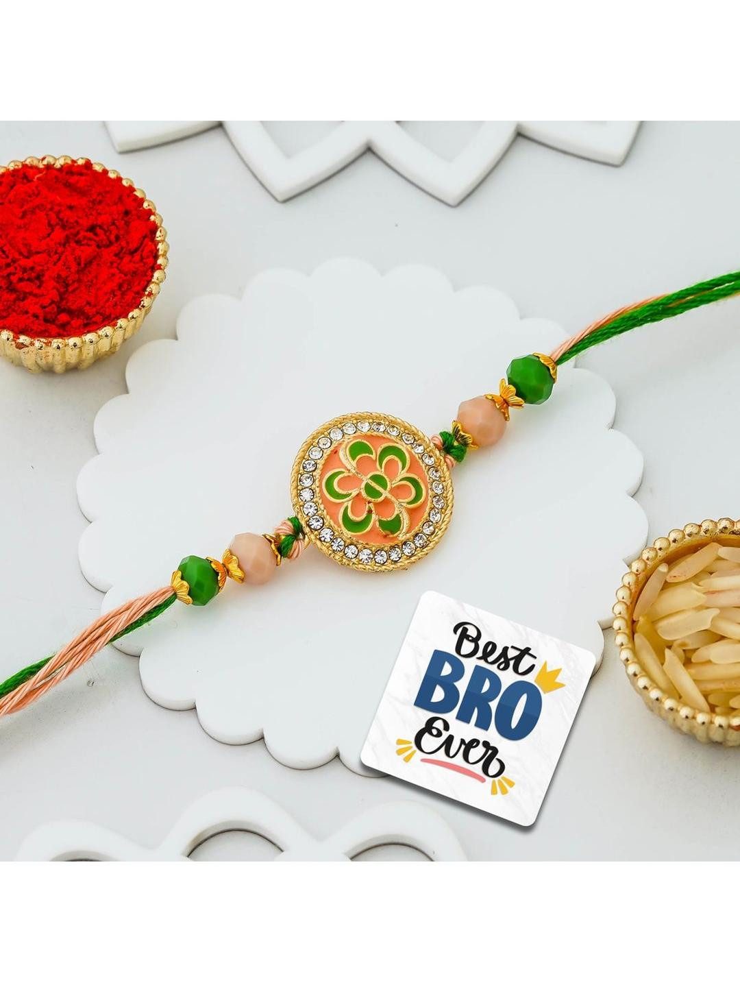 eCraftIndia Diamond -Studded Rakhi With Roli Rice & Best Bro Ever Fridge Magnet