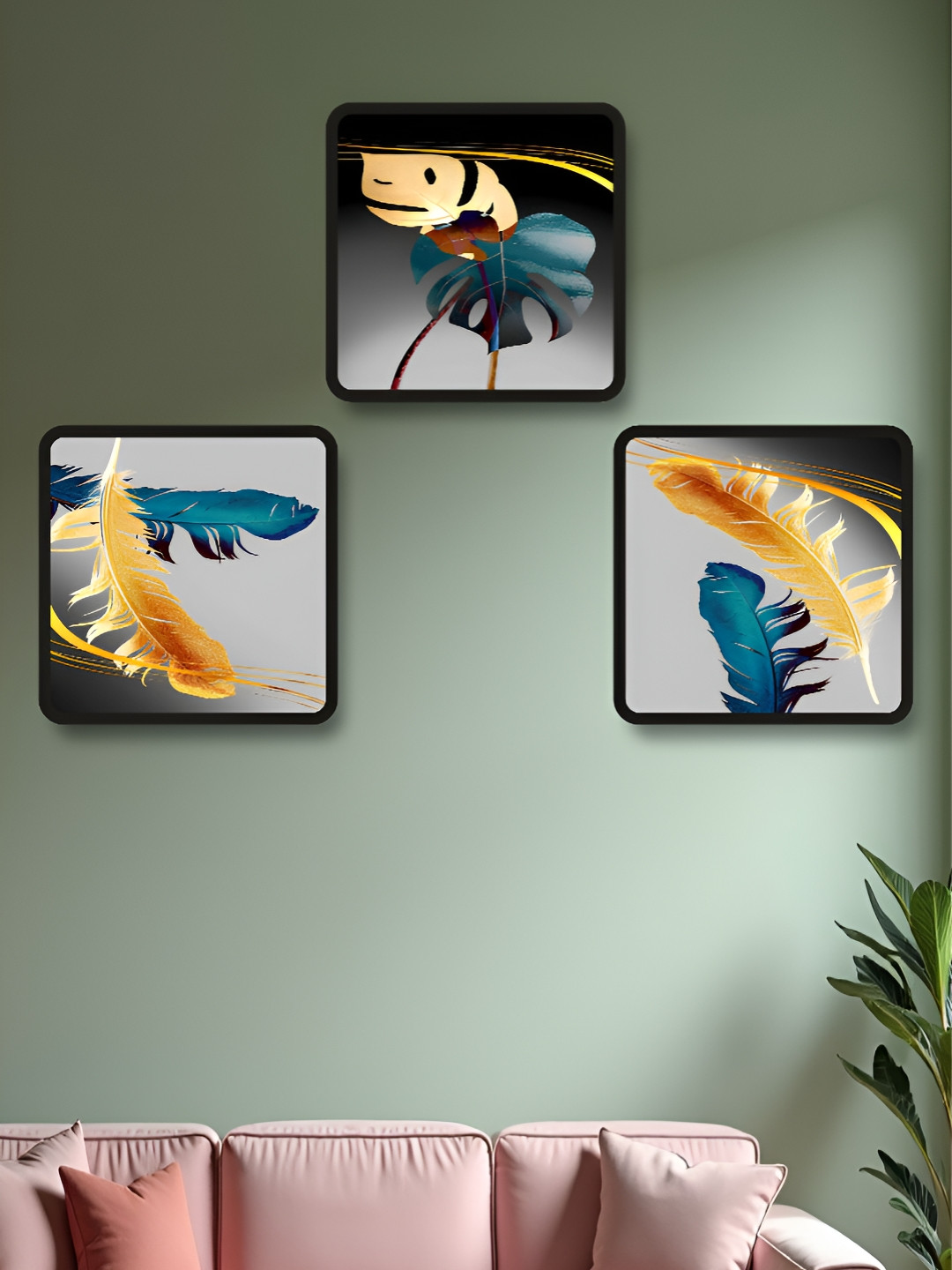 Livin'luxe Elegant Golden Feather & Leaf Black Framed 3-Piece Wall Art