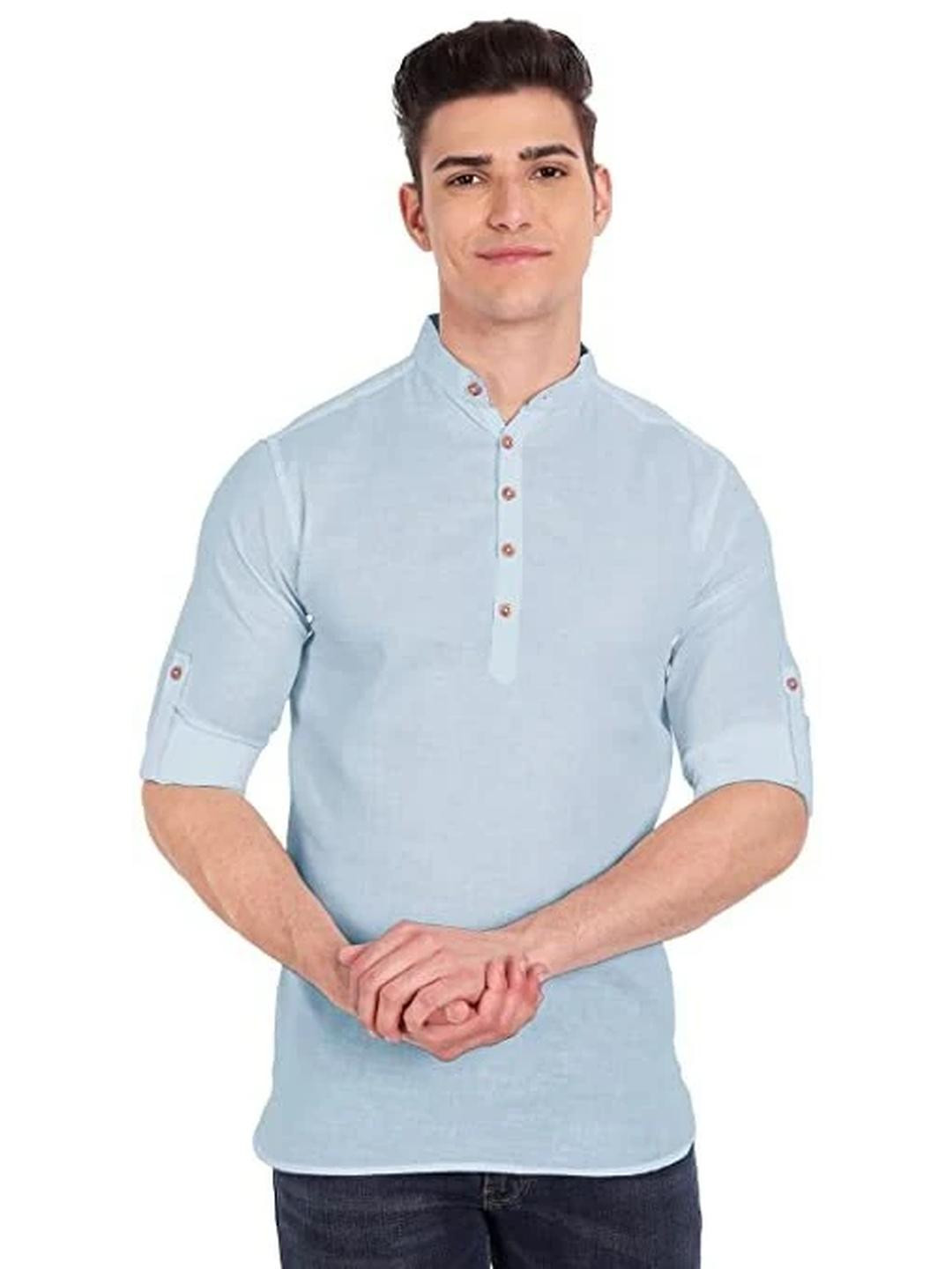 Edin Men Turquoise Blue A-Line Blended Kurtas