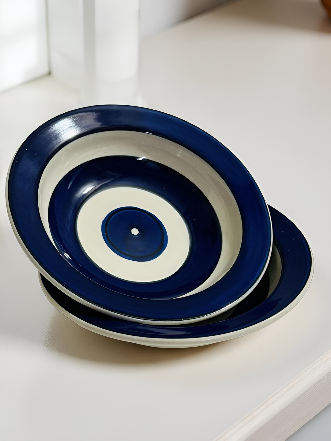 Lupaava Blue 2 Pieces Printed Glossy Microwave Safe Ceramic Pasta Plates
