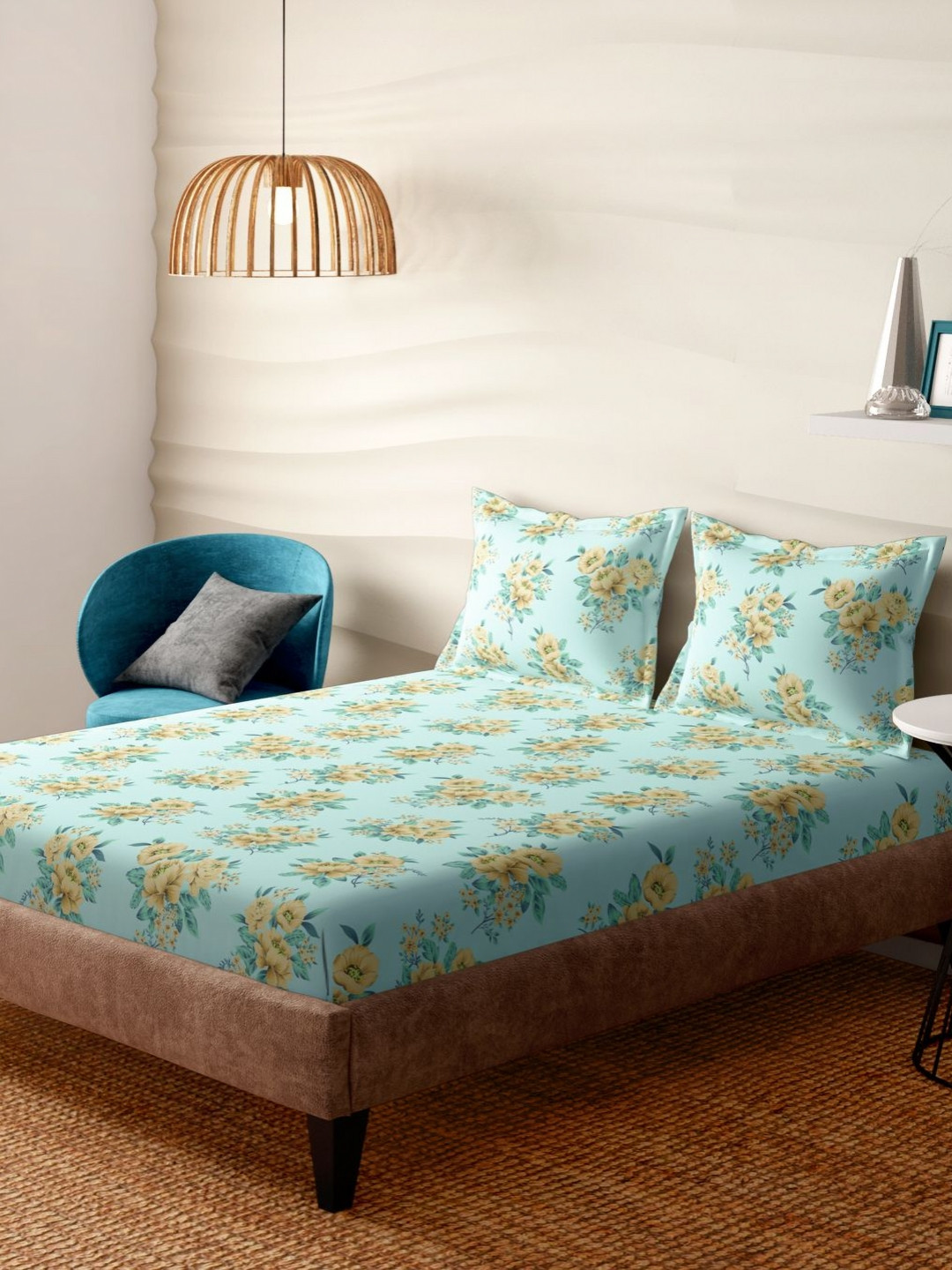 Portico Jade Glint Teal & Beige Floral Printed Cotton 300 TC Bedsheet Set 2.74m x 2.74m