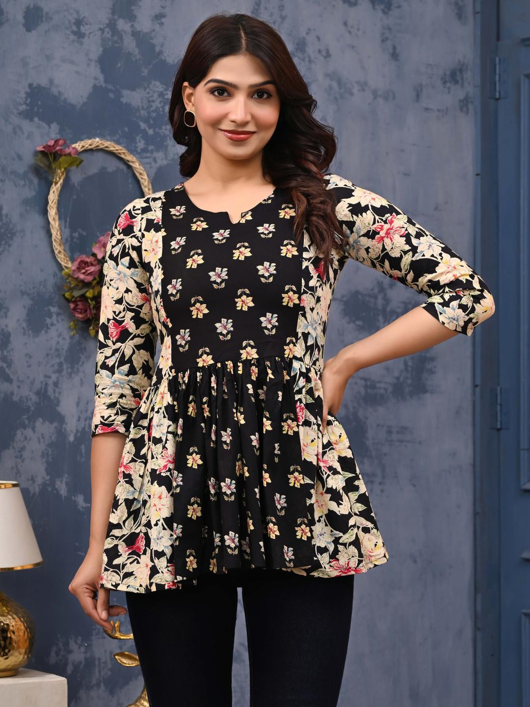 Pure Cotton Round Neck Floral Printed Anarkali Short Kurti for Women's Flared Hem
