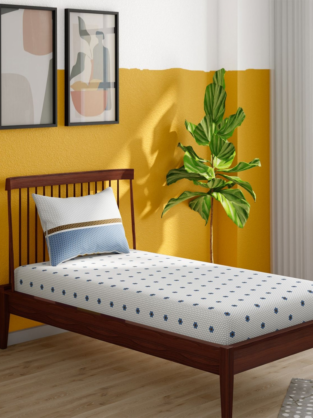 Portico White & Blue 152 TC Single Bedsheet with 1 Pillow Covers