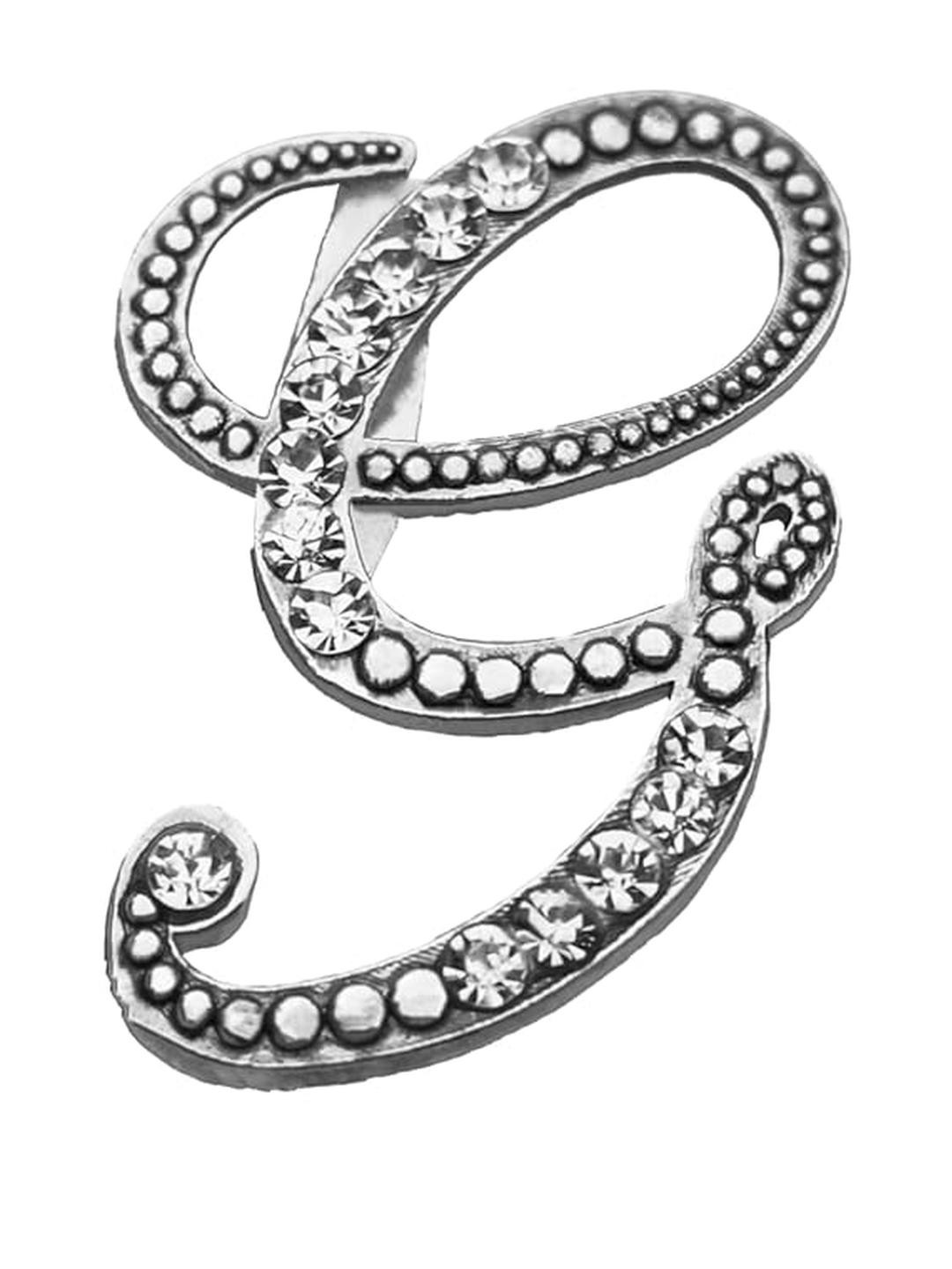 FURE Unisex Silver & White Stones Studded Alphabet Brooch Silver-Plated Alloy Brooch