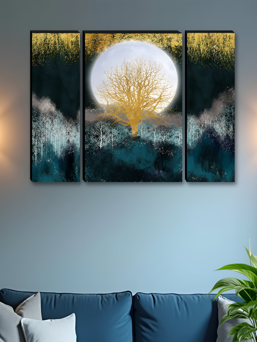 Livin'luxe Set of 3 Golden Tree & Moon Night Forest MDF Wall Art