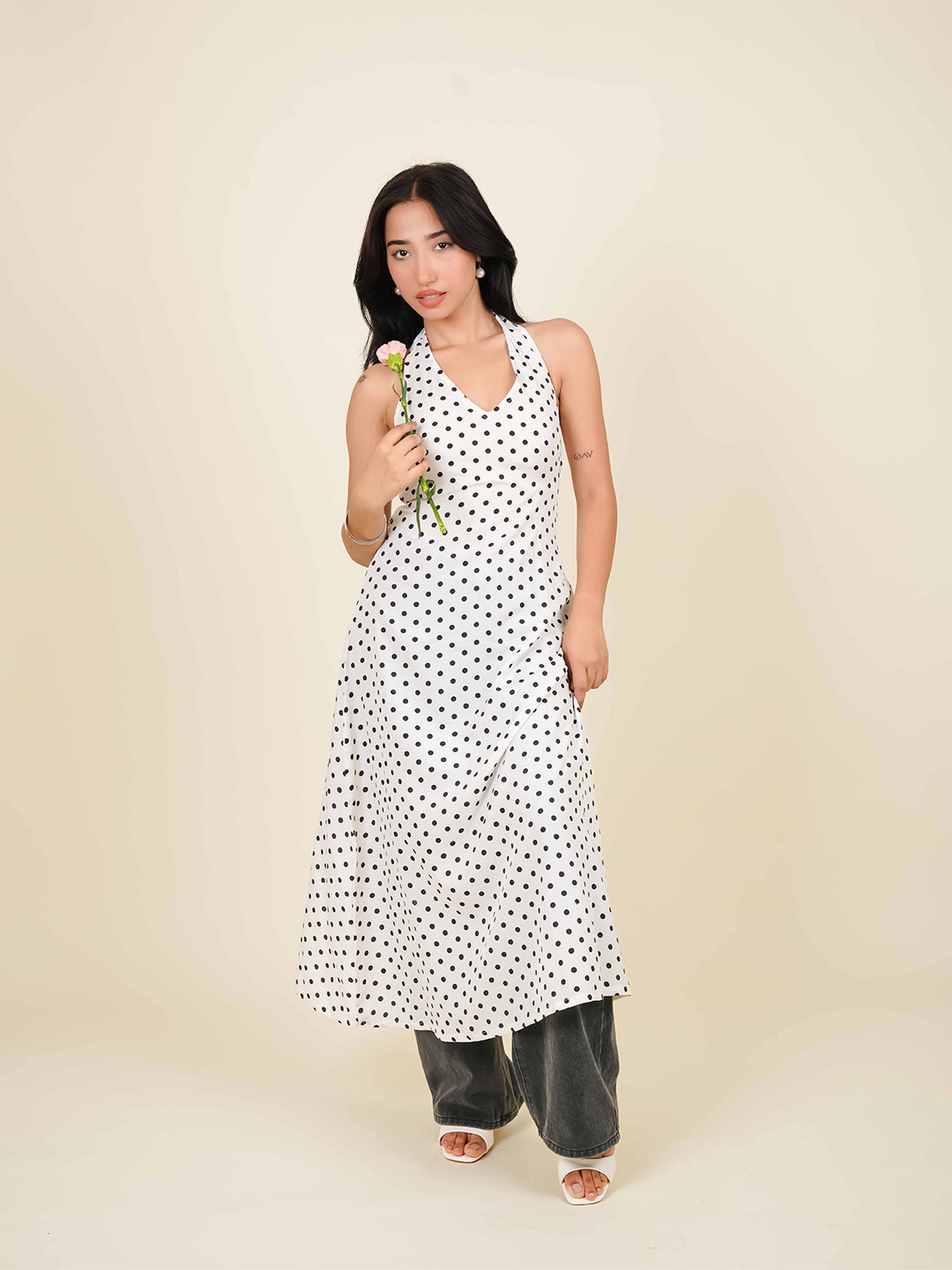 MONOMEE Women Polka Dot Print Halter Neck Flared Midi Dress