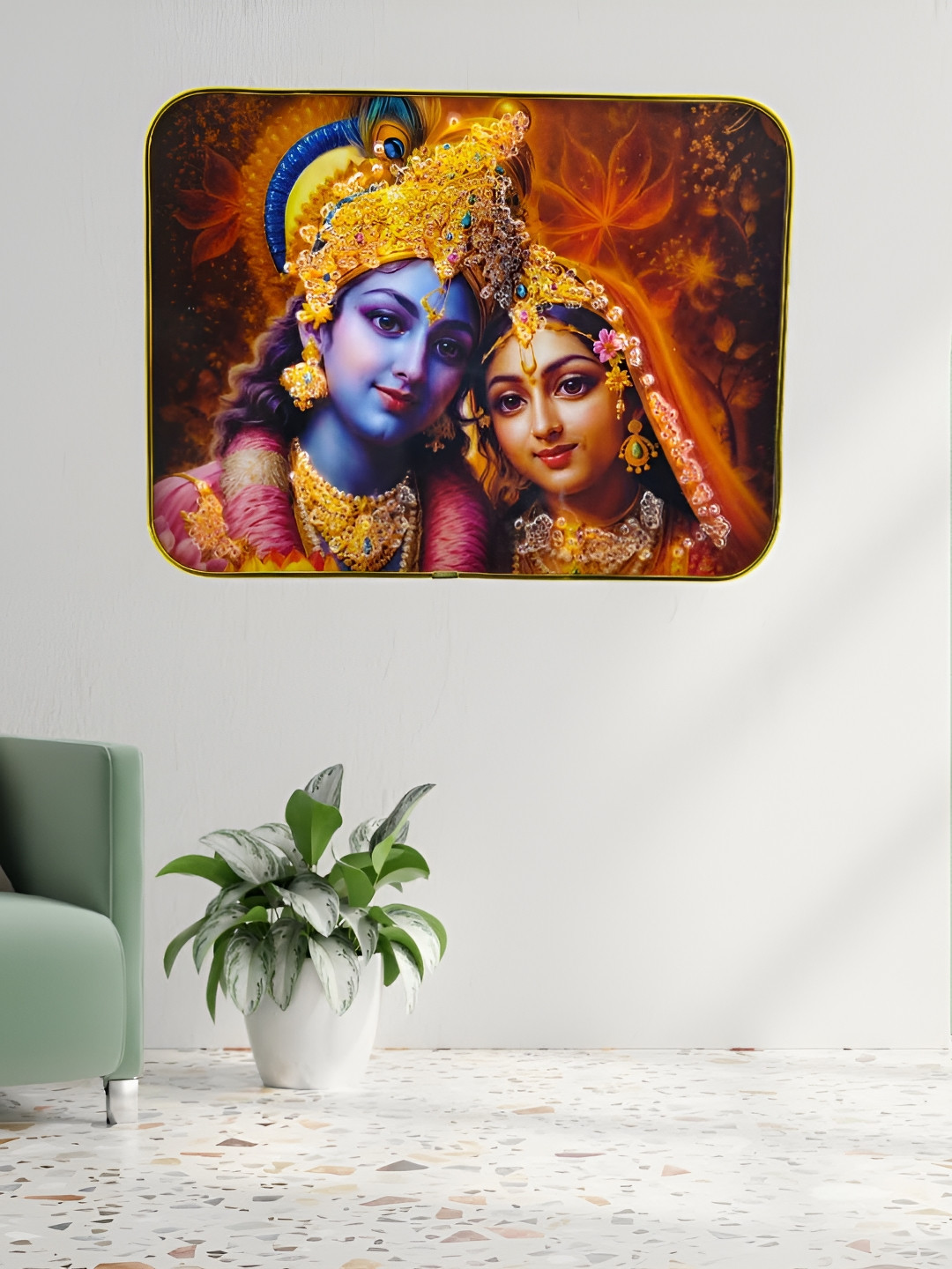 SHRI KHATU SHYAM CREATION Blue & Orange Radha Krishna Printed Photo Frames