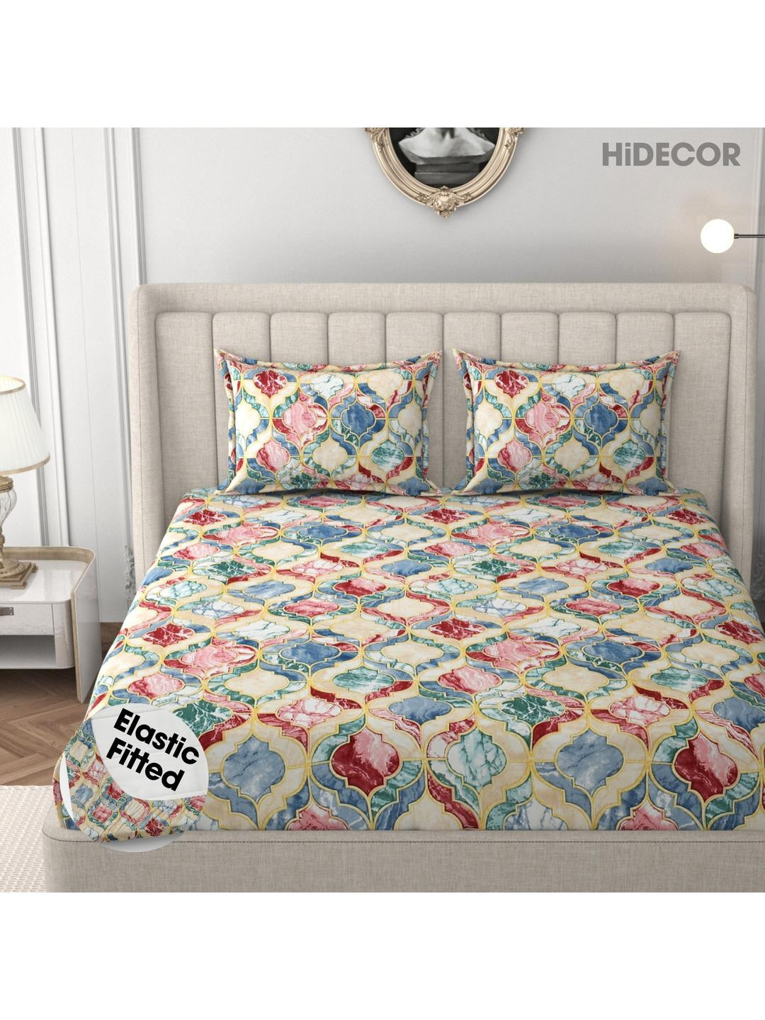 Hidecor Sky Blue Printed Elastic Fitted Bedsheet