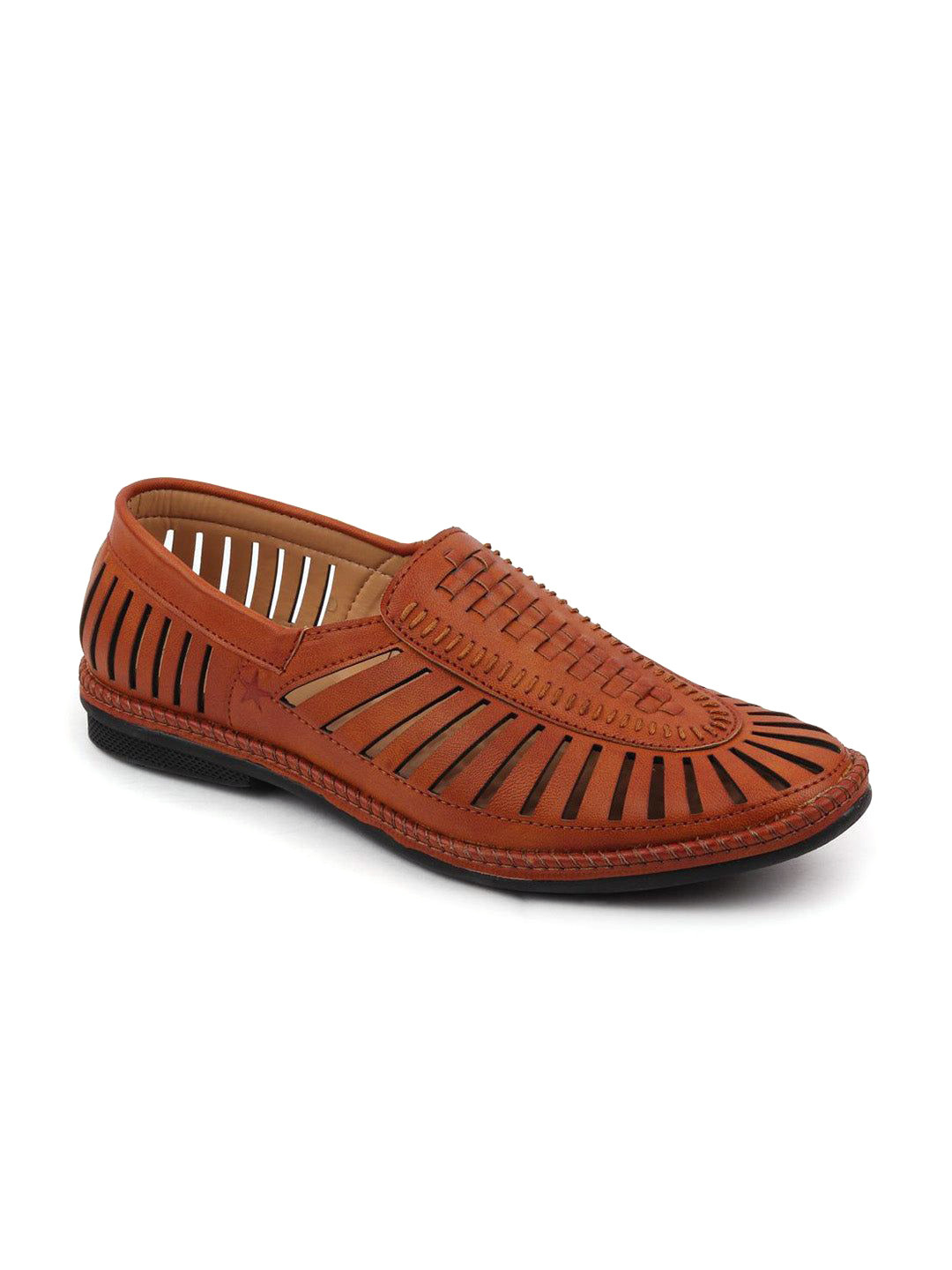 FAUSTO Men Laser Cut Stitched Round Toe Lightweight Ethnic Mojaris