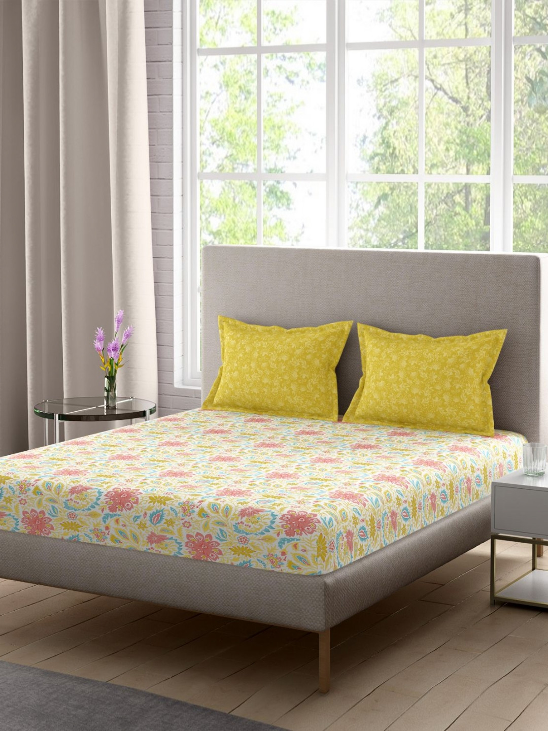 Portico Celestia Yellow & Pink Abstract Cotton 140TC Double Queen Bedsheet Set-2.24mx2.54m
