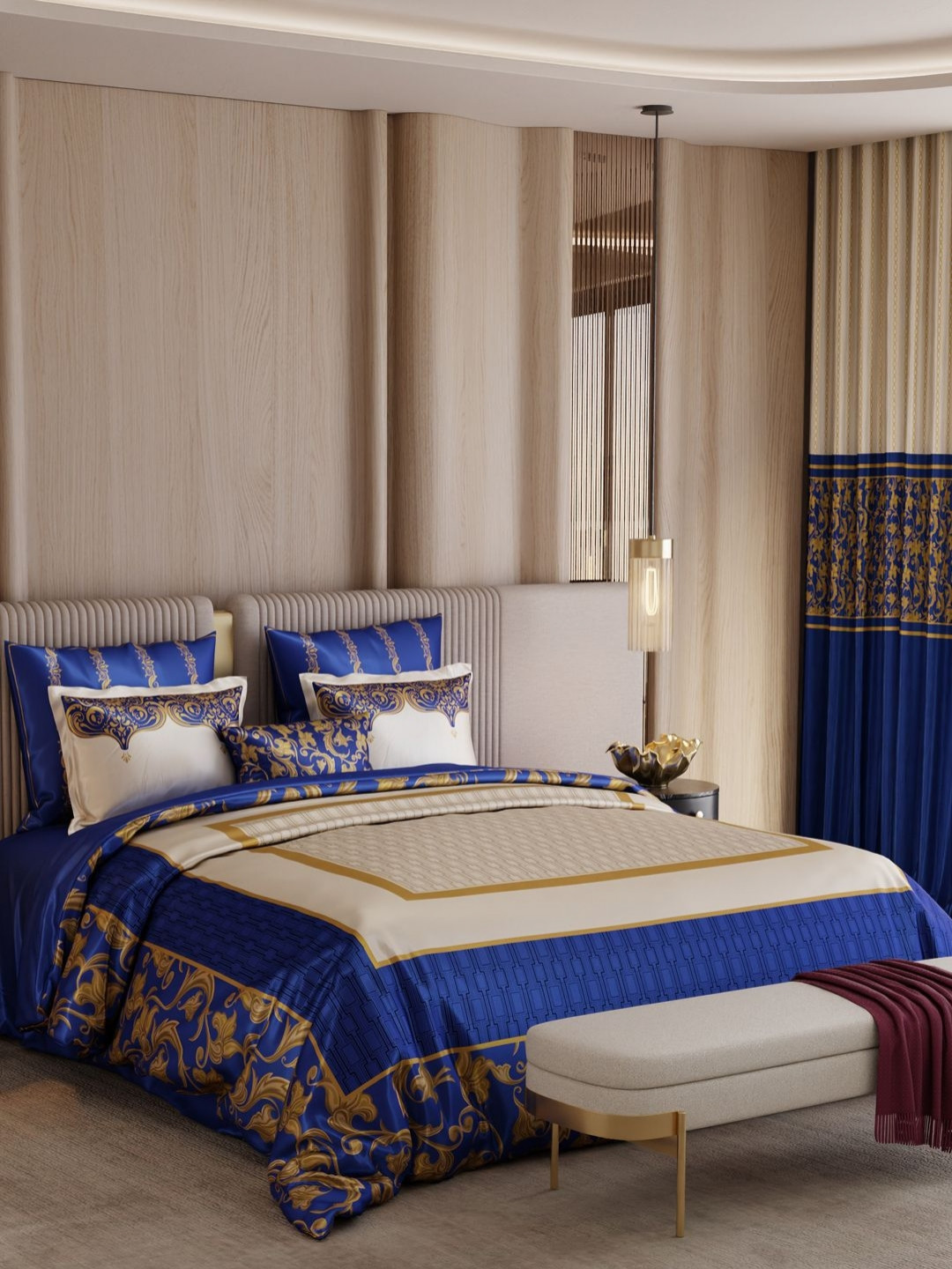 Stoa Paris Blue & White 9 Pieces Floral Satin Double Extra Large Superfine Bedding Set