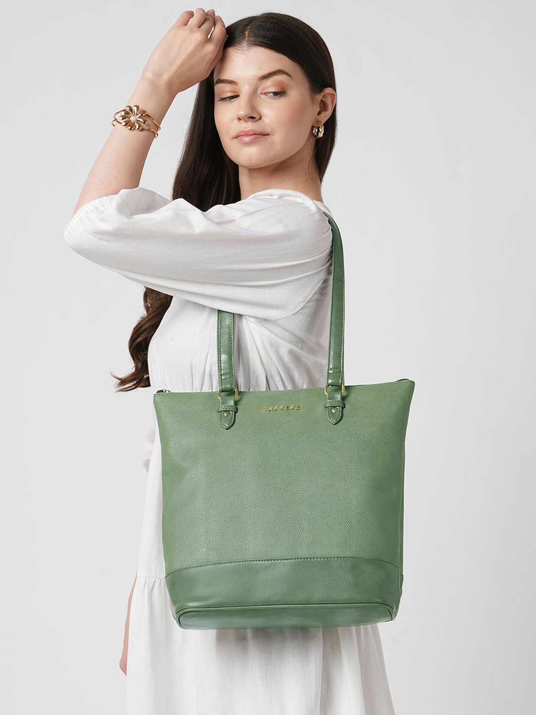 DressBerry X CAPRESE Zenith Green Medium Tote Bag with Detachable Sling Strap