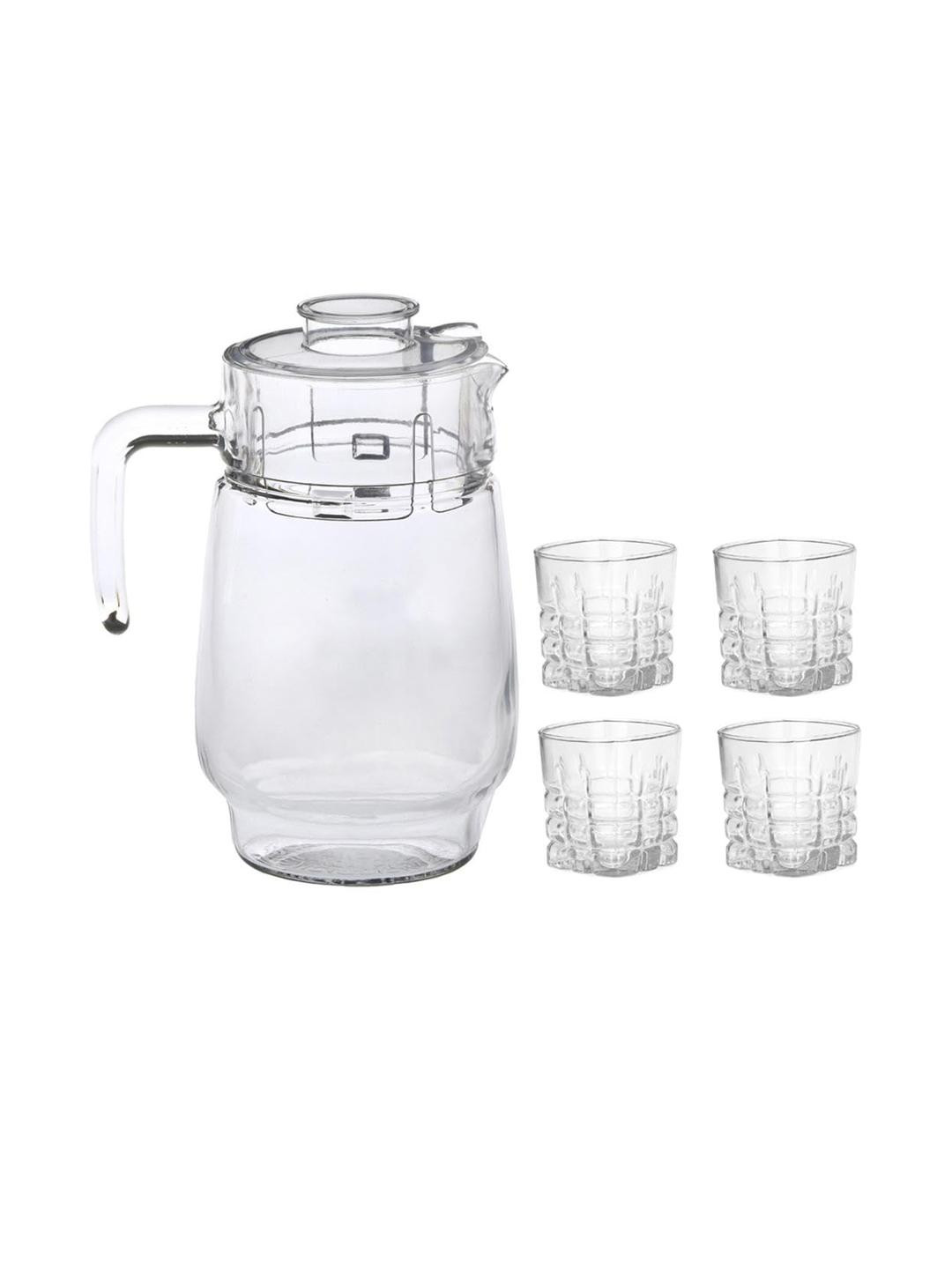 SOMIL Transparent Pack Of 1 Jug With Plastic Lid & 4 Dishwasher Safe Glasses
