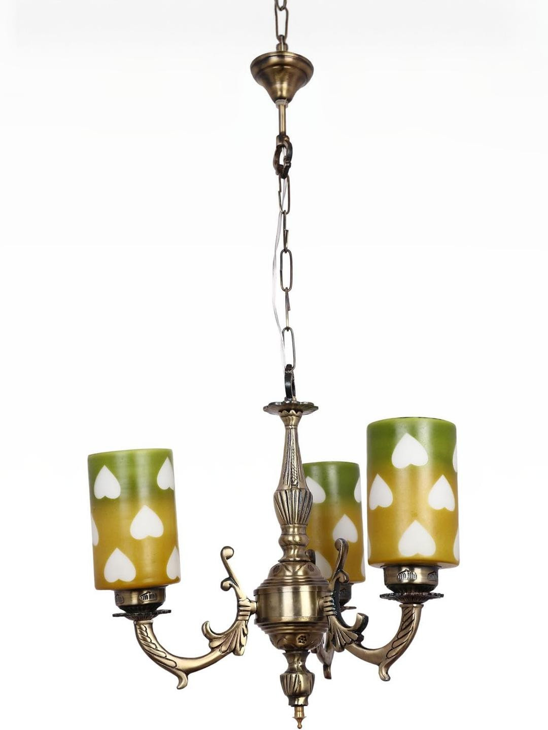Somil Antique 3-Light Chandelier with Glass Shades, Green, Brown and White Lighting Effect, Metal Fitting. LED Compatible. Dia: 48 X 48 X 100 Cm.