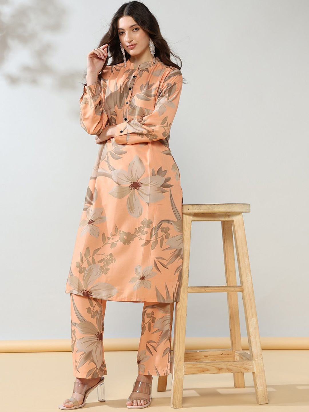 House of Kaftan Printed Collared Neck Long Sleeve Tunic With Trouser Co-Ords