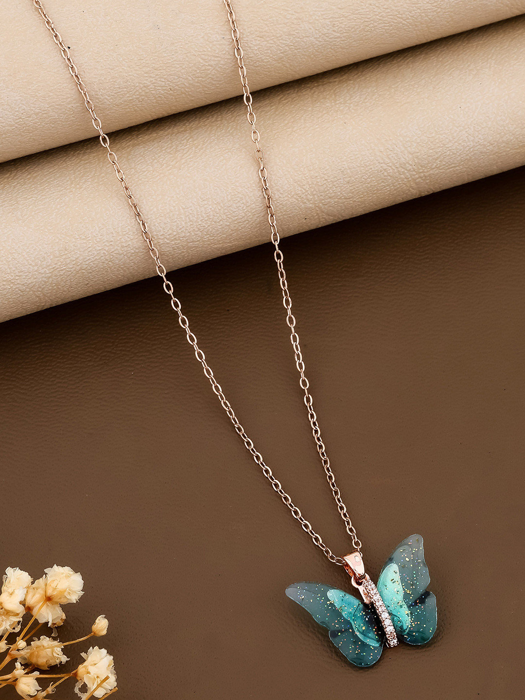 QUERALT Stainless Steel Stones Studded Butterfly Pendant With Chain