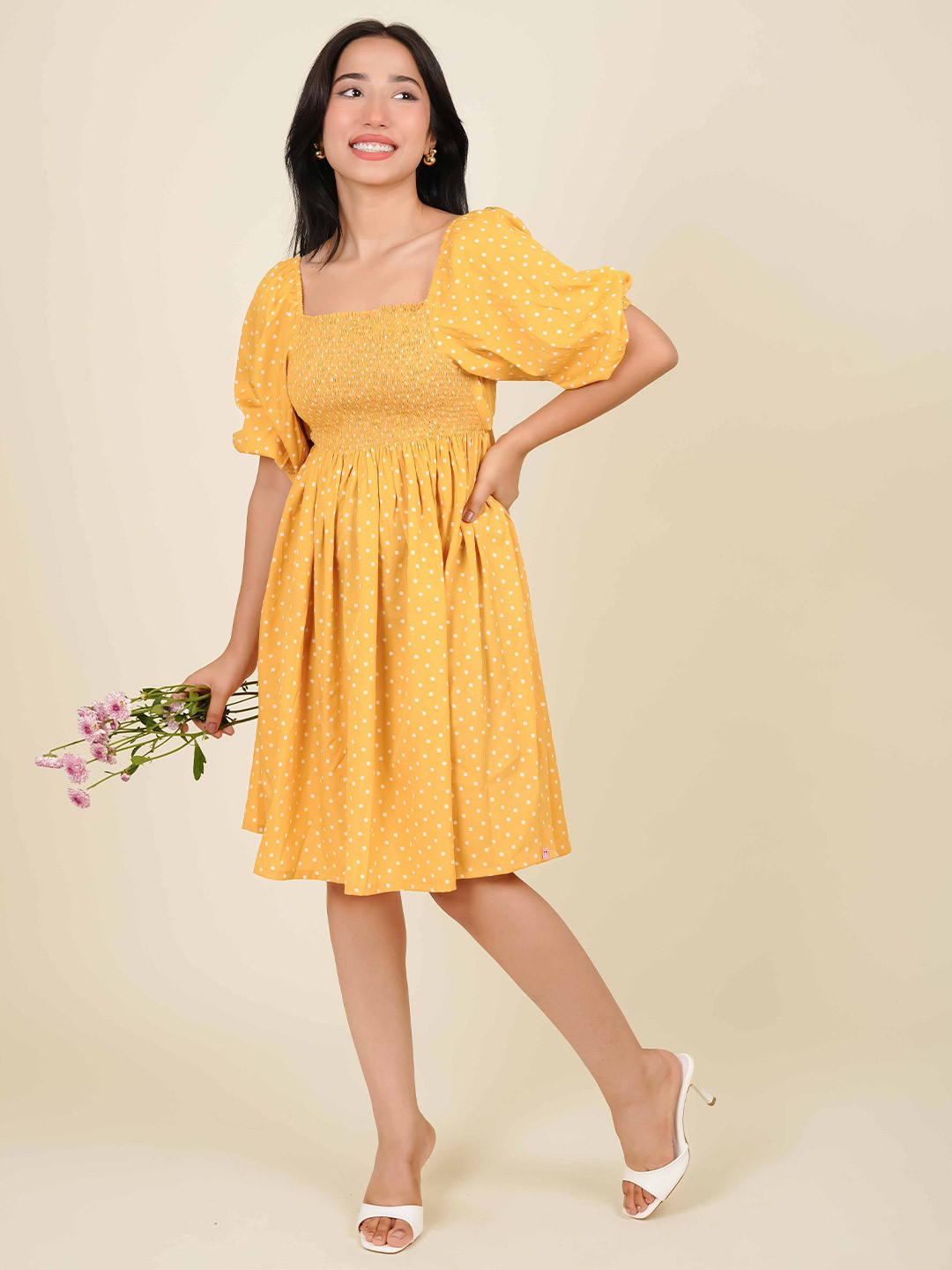 MONOMEE Women Polka Dots Printed Square Neck Puff Sleeve Smoked Fit & Flare Dress