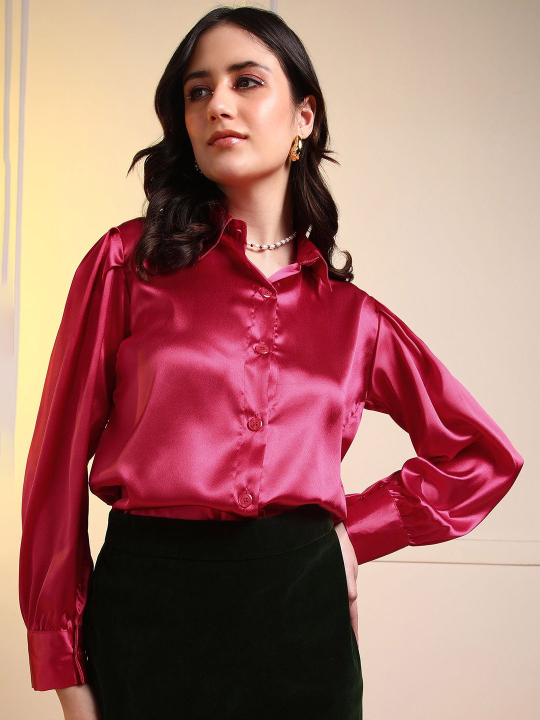 CORSICA Club Collar Puff Sleeves Satin Shirt