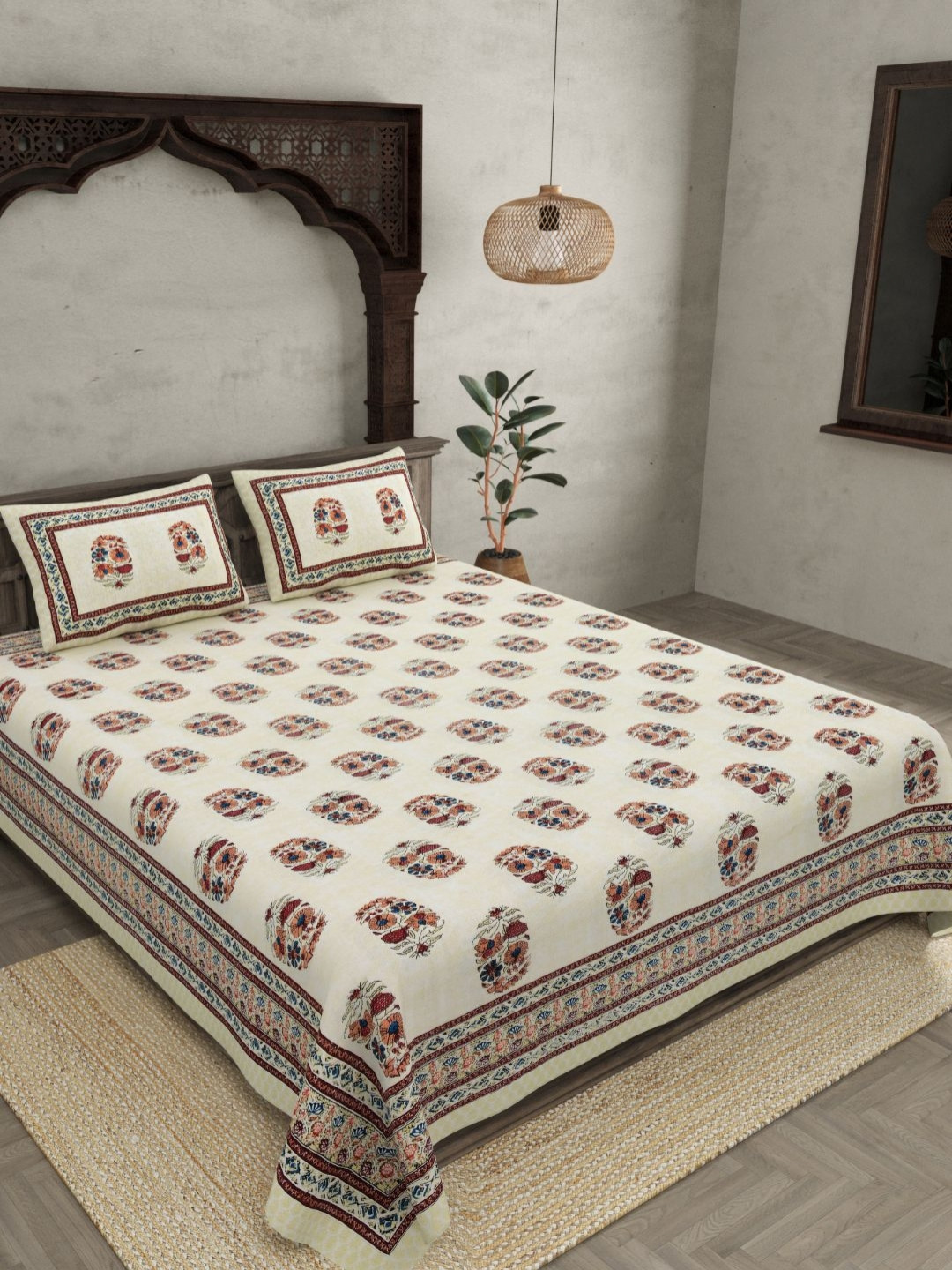 BED-SHEET.COM Cream-Coloured & Red Floral 180 TC King Bedsheet with 2 Pillow Covers