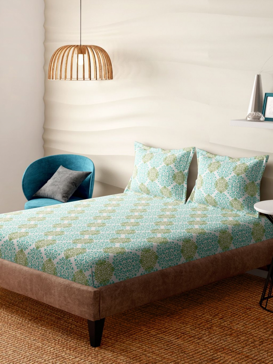 Portico Jade Glint White & Green Printed Cotton 300 TC Bedsheet Set 2.74m x 2.74m