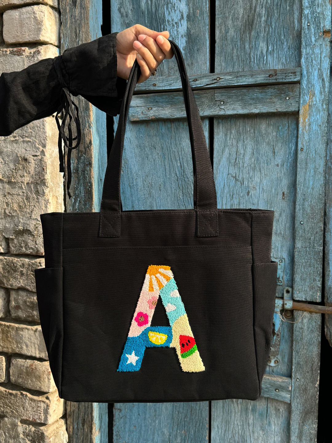 TSANTA A Letter Tufted Shopper Cotton Tote Bag