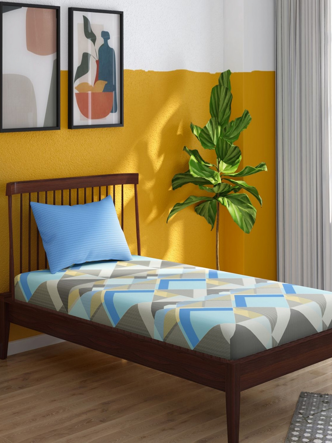 Portico Tagtrend Grey & Blue Abstract Cotton 144 TC Single Bedsheet Set-2.24 m x 1.50 m