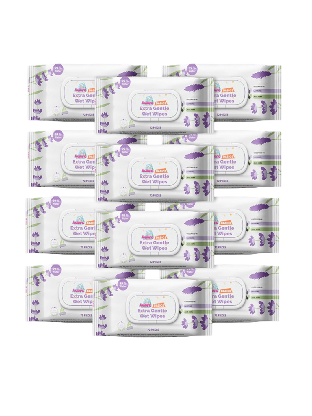 Adore Set Of 12 99% Pure Water Lavender Baby Wet Wipes - 72 Pcs Each