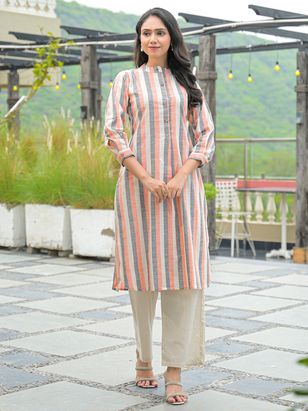 The Hope Mandarin Collar Striped Cotton Straight Kurta