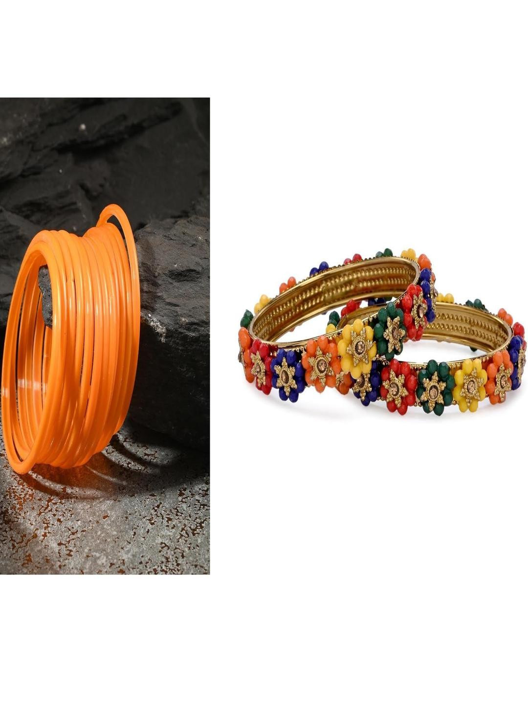 SOMIL Set Of 14  Orange And Multicolor Glass Artificial Stones and Beads Bangles