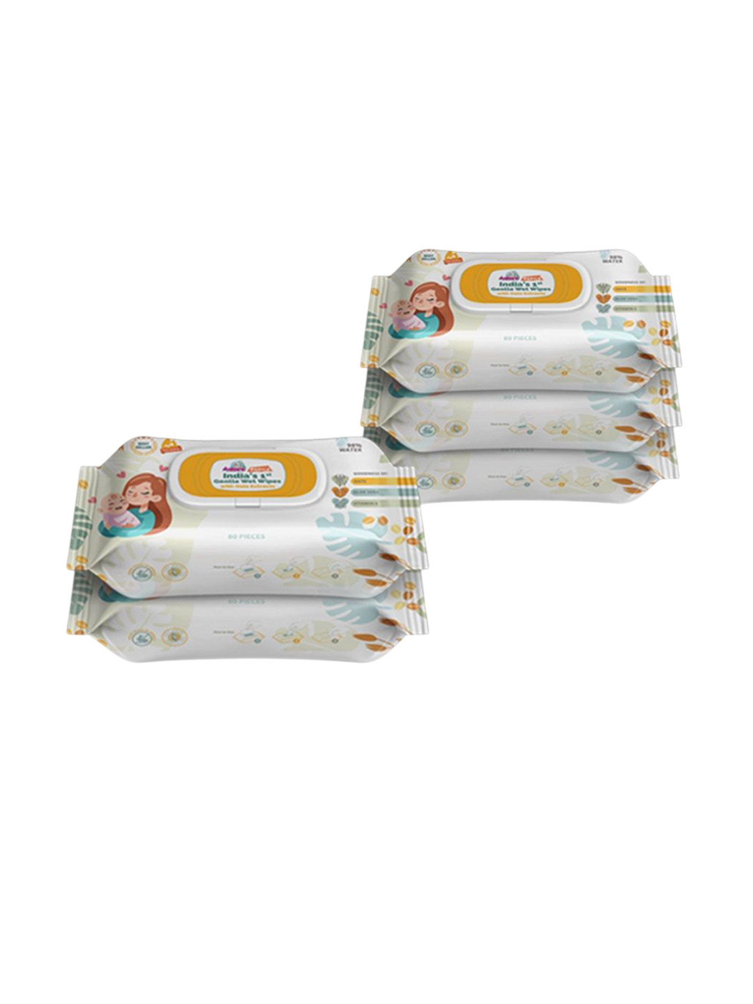 Adore Set Of 5 98% Pure Water Gentle Baby Wipes With Oat Extracts - 80 Pcs Each