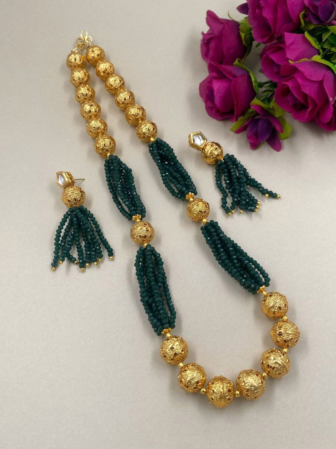 Gehna By  Beadazzled Green Crystal Beads Jewellery Set