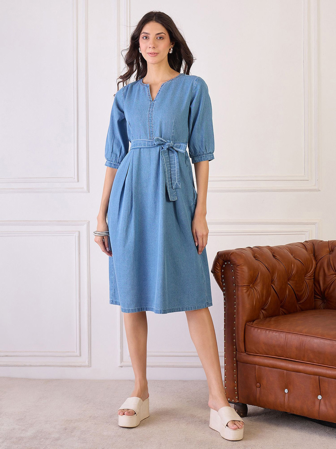 Orchid Blues Denim A-Line Midi Dress